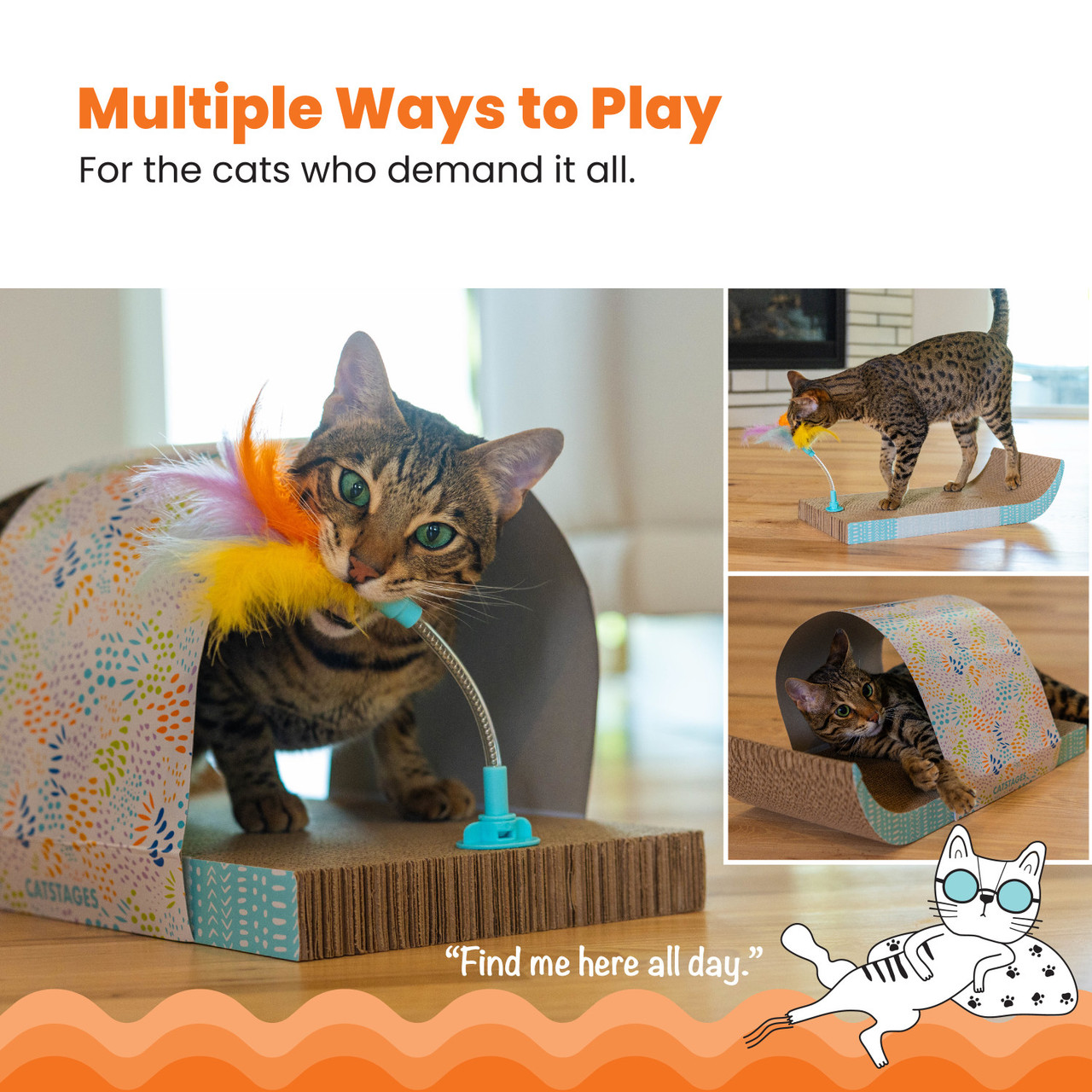 Cat Tunnel Scratcher with Feather Spring Toy and Removable Tunnel, Mlt - Image 3