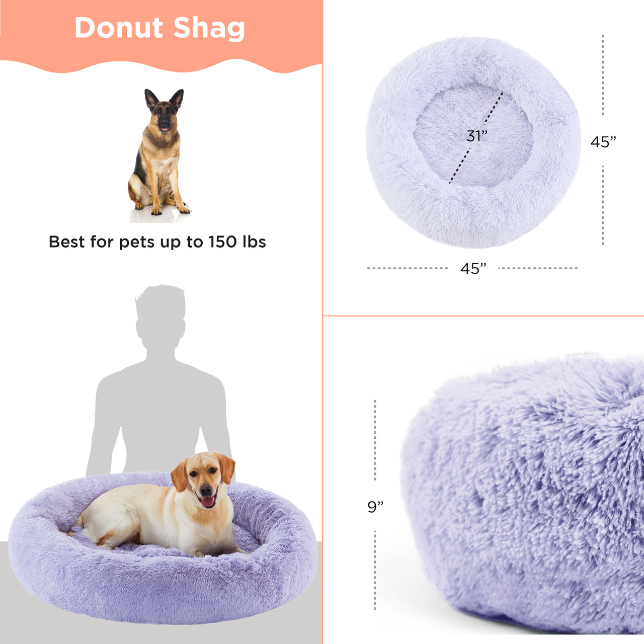 The Original Calming Shag Donut Dog Bed, Lavender, 45X45 - Image 3
