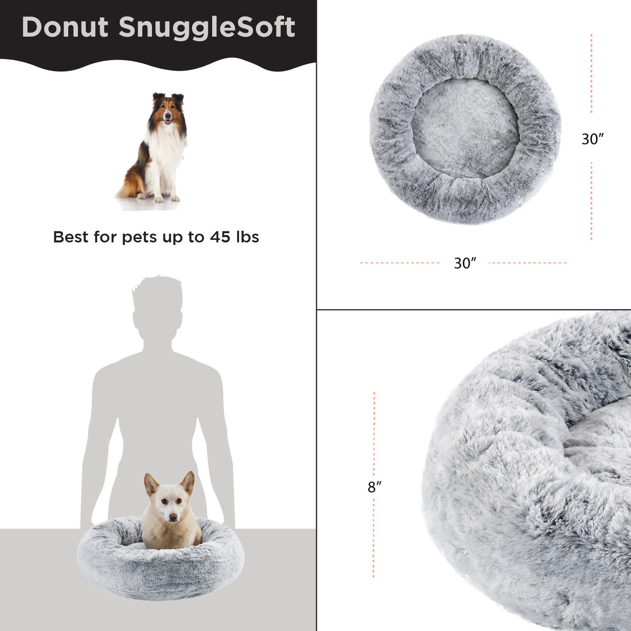 SnuggleSoft Faux Fur Pet Bed, Grey, 30X30 - Image 4