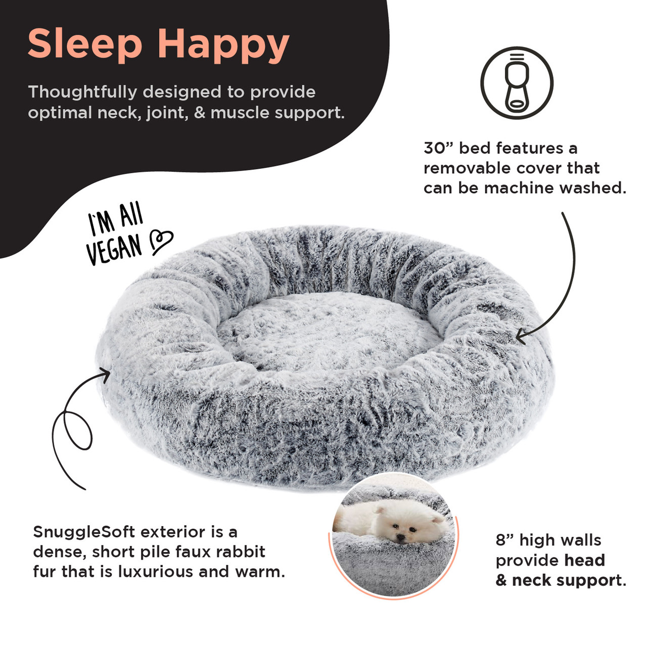 SnuggleSoft Faux Fur Pet Bed, Grey, 30X30 - Image 5