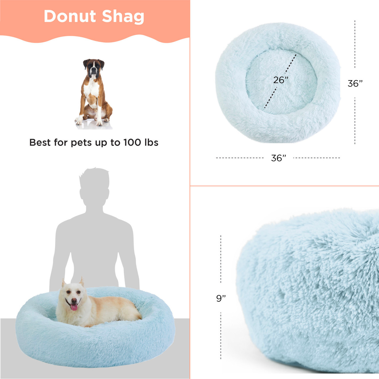 The Original Calming Shag Donut Dog Bed, Baby Blue, 36X36 - Image 4