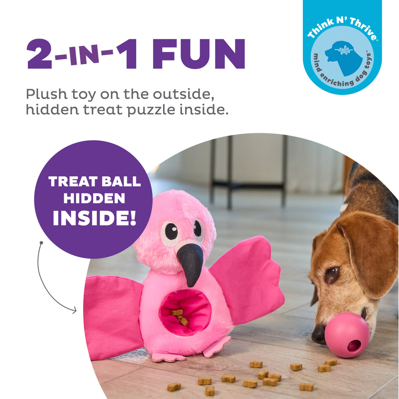 Hide-Ablez Flamingo Plush Dog Puzzle with Treat Ball, Pink - Image 2